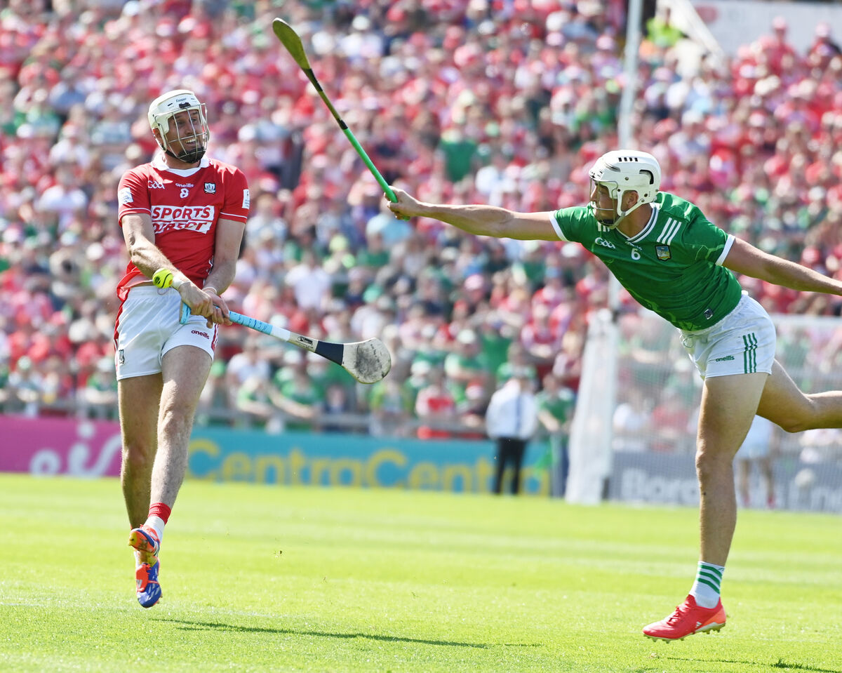 Cork's Tim O'Mahony has his shot blocked down by Limerick's Kyle Hayes. Picture: Eddie O'Hare