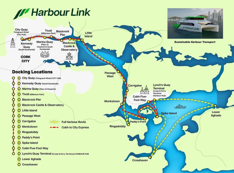 The new service will connect with locations such as Cork Docklands, Cobh, Spike Island and SuperValu Páirc Uí Chaoimh. The new service will connect with locations such as Cork Docklands, Cobh, Spike Island and SuperValu Páirc Uí Chaoimh.
