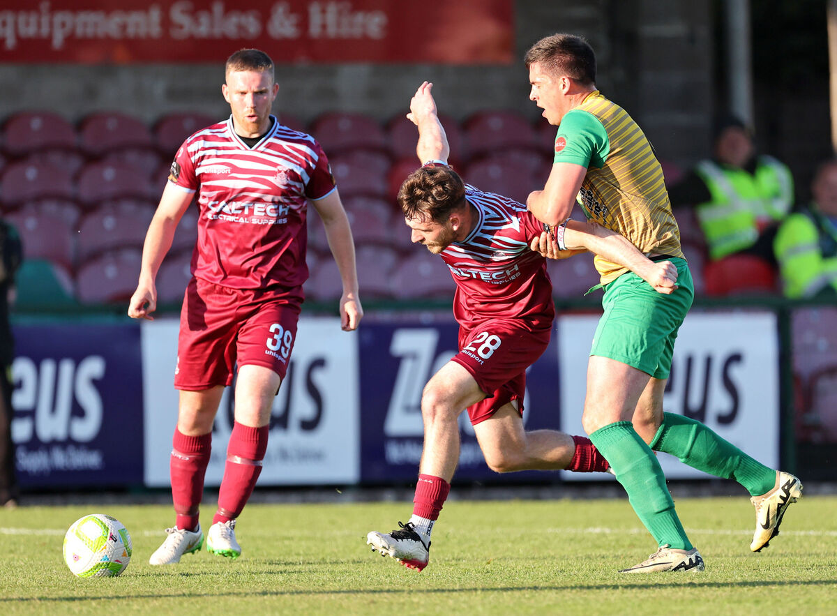 Dale Holland, Cobh Ramblers, Niall Hanley, Rockmount. Munster Senior Cup Final 24/25, Cobh Ramblers V's Rockmount, at Turner's Cross Stadium, Turners Cross, Cork. Dale Holland, Cobh Ramblers, Niall Hanley, Rockmount. Munster Senior Cup Final 24/25, Cobh Ramblers V's Rockmount, at Turner's Cross Stadium, Turners Cross, Cork.
