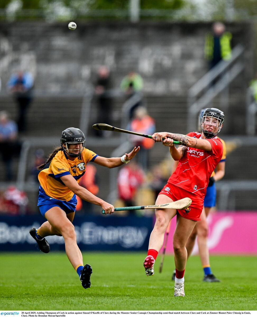 Ashling Thompson of Cork in action against Sinead O'Keeffe of Clare. Picture: Brendan Moran/Sportsfile