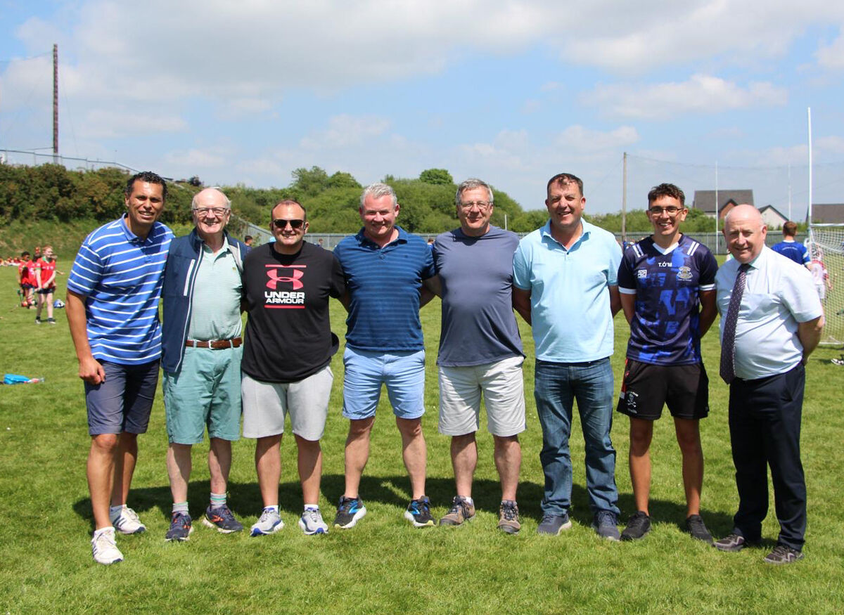  Seán Óg O'hAilpin, Dr Paddy Crowley, Richie Mooney, Paul O'Connor, John Grainger, Ian O'Connor, Tomás Ó Mainnín and Gaelcholáiste Mhuire priomhoide Dónal Ó Buachalla. Picture: Larry Cummins
