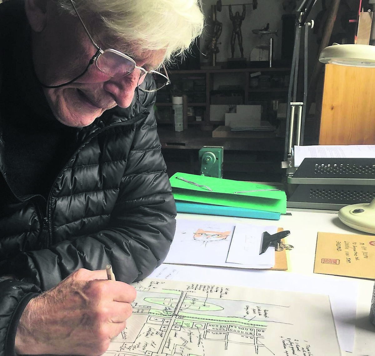 Tomi Ungerer, working on his animation. Tomi died in 2019. Tomi Ungerer, working on his animation. Tomi died in 2019.