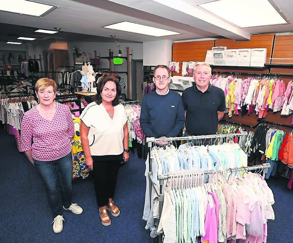 Eileen O’Callaghan, 46 years service; Miriam Cronin, co-proprietor; Dan O’Halloran, 33 years service. and Kevin Hinchion, co-proprietor T.M Cronin at Macroom. T.M Cronin is a ladies, men’s and children’s footwear and clothing store located on the Main Street of Macroom. 	Picture: Larry Cummins
                    