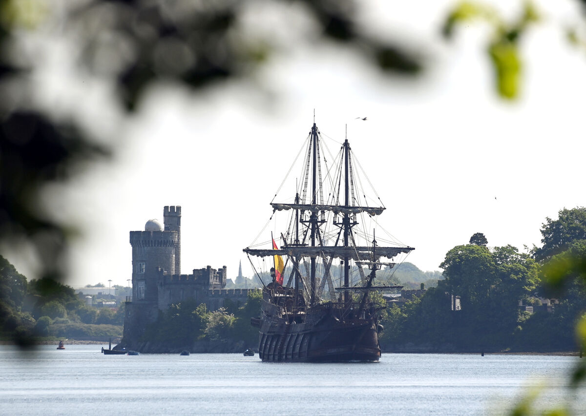 The magnificent Galeón Andalucía, photographed through trees on the Marina after passing Blackrock Castle on a visit to Cork where it is berthed at Custom House Quay. Picture: Denis Minihane.