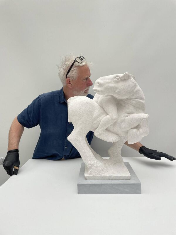 Michael is best known for his arresting stone sculptures of the human form connecting with quadrupeds. 