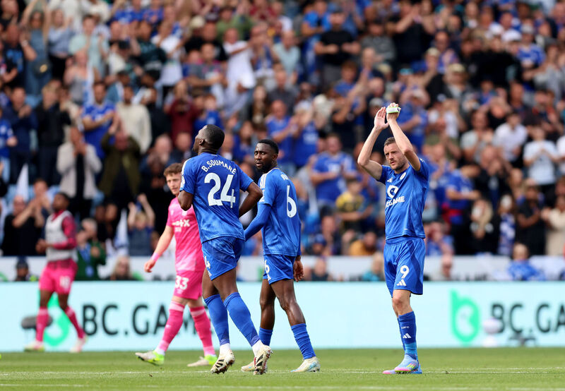 Leicester City's Jamie Vardy (right) applauds the fans as he leaves the pitch at King Power Stadium, Leicester. Picture: Nigel French/PA Wire