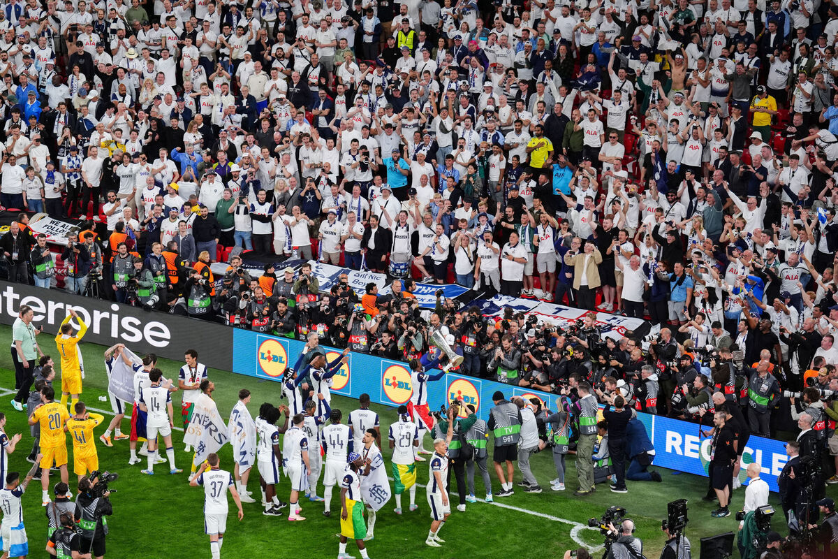 Tottenham Hotspur players celebrate with fans following the UEFA Europa League final at the Estadio de San Mames, Bilbao, Spain. Picture: Andrew Milligan/PA Wire