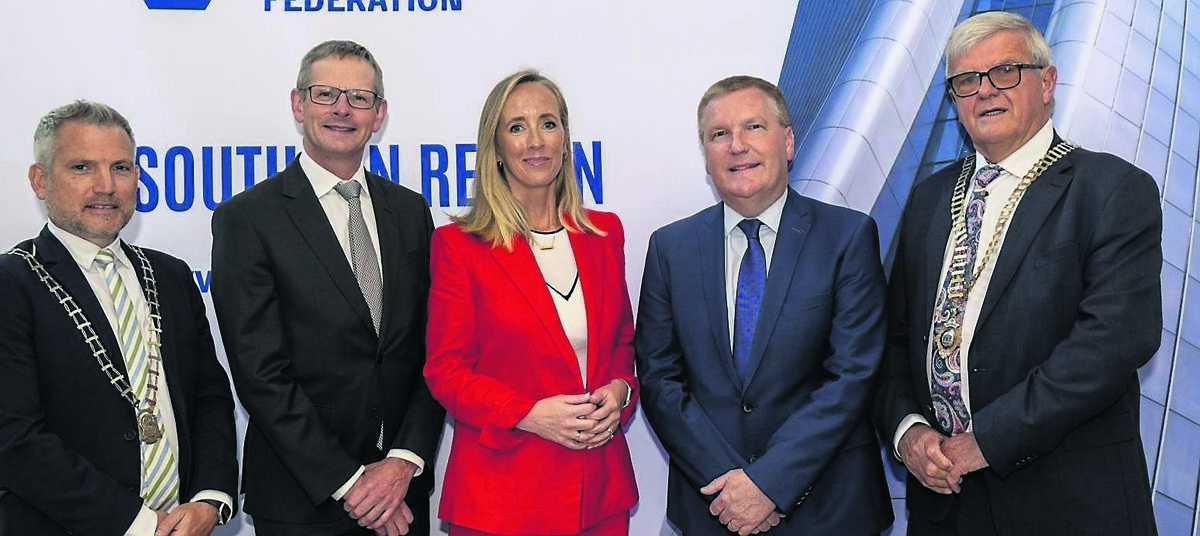 CIF Cork Branch chair Cian O’Mahony, director general Hubert Fitzpatrick, and Southern Region director Joanne Treacy with EU Commissioner Michael McGrath and CIF president Stephen McCarthy at its Southern Construct Summit in the Clayton Hotel Silver Springs. The summit, attended by Taoiseach Micheál Martin, was themed ‘Elevating Cork’ and discussed funding Cork’s infrastructure, housing, and innovation in construction. Ms Treacy welcomed the signing of contracts for the M28 and Respond’s announcement of 218 homes in Jacob’s Island, while Ann O’Mahony, inset, said Cork house prices may rise 6.4%.	Picture: Brian Lougheed
                    