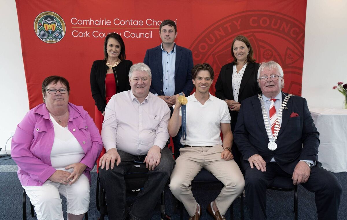 The Mayor of the County of Cork, coincillor, Joe Carroll  hosted a civic reception to honour Irish Olympic team members from Skibbereen Rowing Club, recognising their outstanding achievements and contributions to Irish sport. Pictured is Fintan McCarthy, Olympic gold medal winner at the Paris Olympics who spoke at the civic reception in County Hall.Picture: Brian Lougheed
