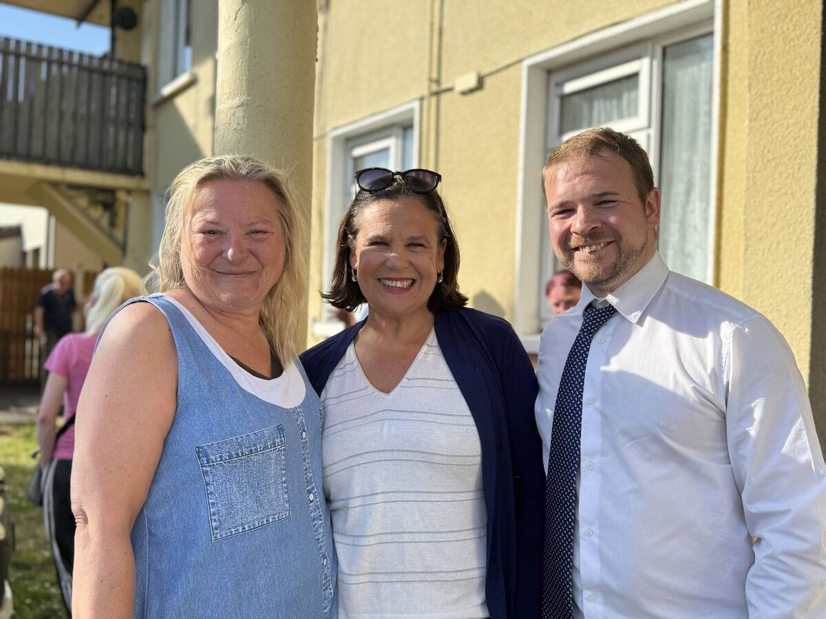 Togher resident Pamela Lombardi with Sinn Fén leader Mary Lou McDonald and Cork South Central TD Donnchadh Ó Laoghaire. Picture: Ciara Ní Dhálaigh.