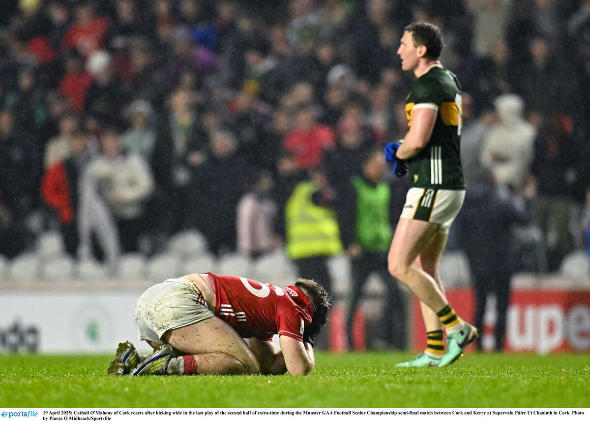 Cathail O'Mahony of Cork reacts after kicking wide in the last play of the second half of extra time against Kerry. Picture: Piaras Ó Mídheach/Sportsfile