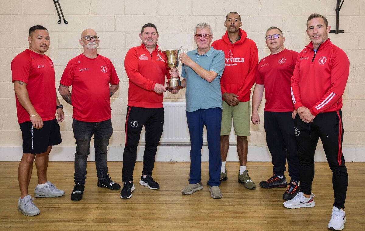 Mayfield BC, Victor Aston Trophy Presentation, - Dan O’Connell of the Cork Ex-Boxers Association presenting Club Of The Year Mayfield BC coaches with the Victor Aston Perpetual Cup Picture: Doug Minihane Mayfield BC, Victor Aston Trophy Presentation, - Dan O’Connell of the Cork Ex-Boxers Association presenting Club Of The Year Mayfield BC coaches with the Victor Aston Perpetual Cup Picture: Doug Minihane
