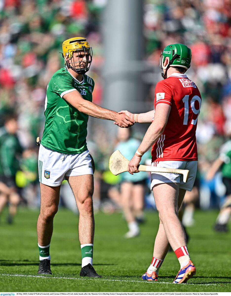 Cathal O'Neill of Limerick and Cormac O'Brien of Cork shake hands after the last game. Picture: Sam Barnes/Sportsfile Cathal O'Neill of Limerick and Cormac O'Brien of Cork shake hands after the last game. Picture: Sam Barnes/Sportsfile