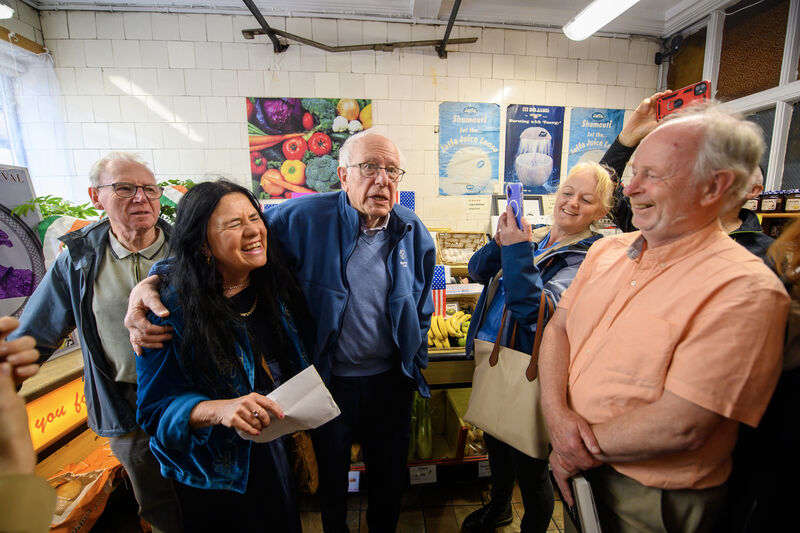 US Senator Bernie Sanders with Ann Piggott and Ger O'Mahony of the Mother Jones committee at Nolan's Butchers on Shandon Street prior to visiting the Mother Jones plaque on John Redmond St. Picture: Dan Linehan