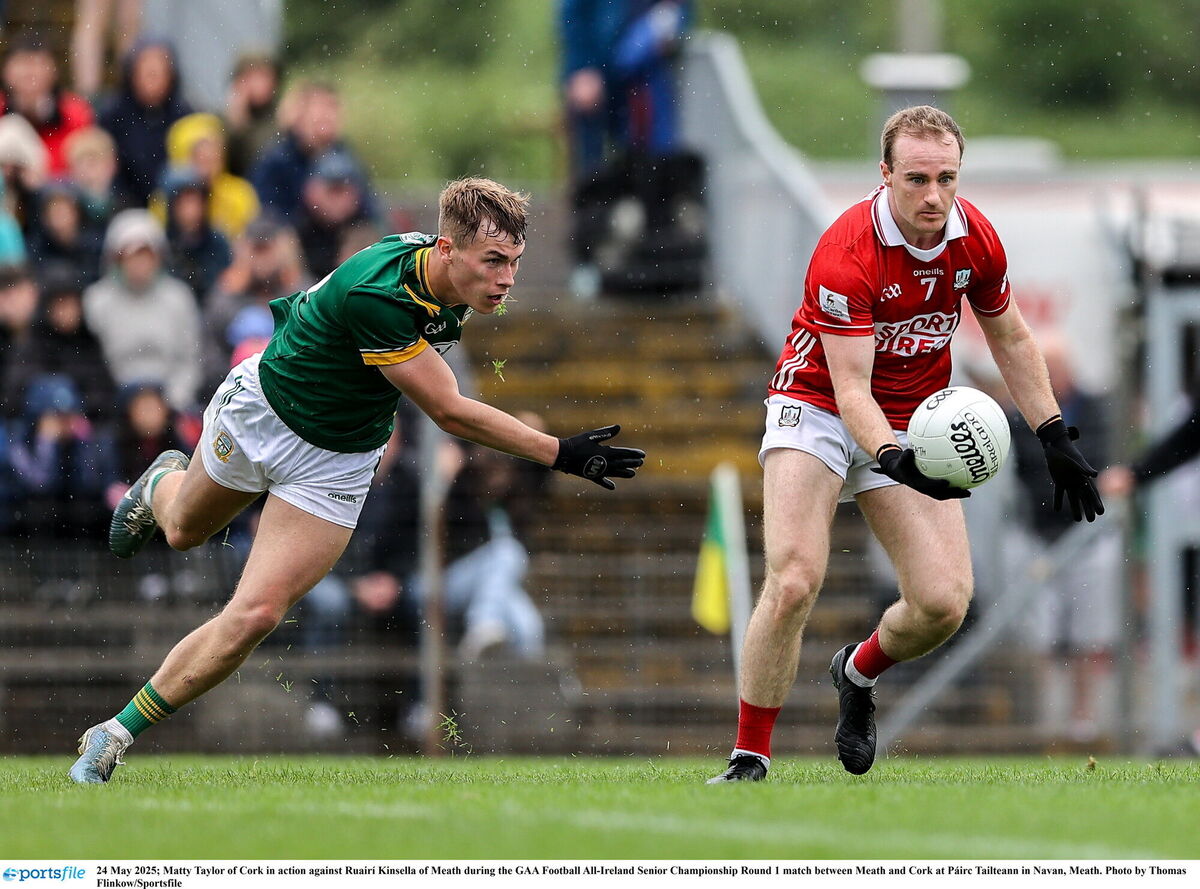 Matty Taylor of Cork up against Ruairí Kinsella of Meath. Picture: Thomas Flinkow/Sportsfile