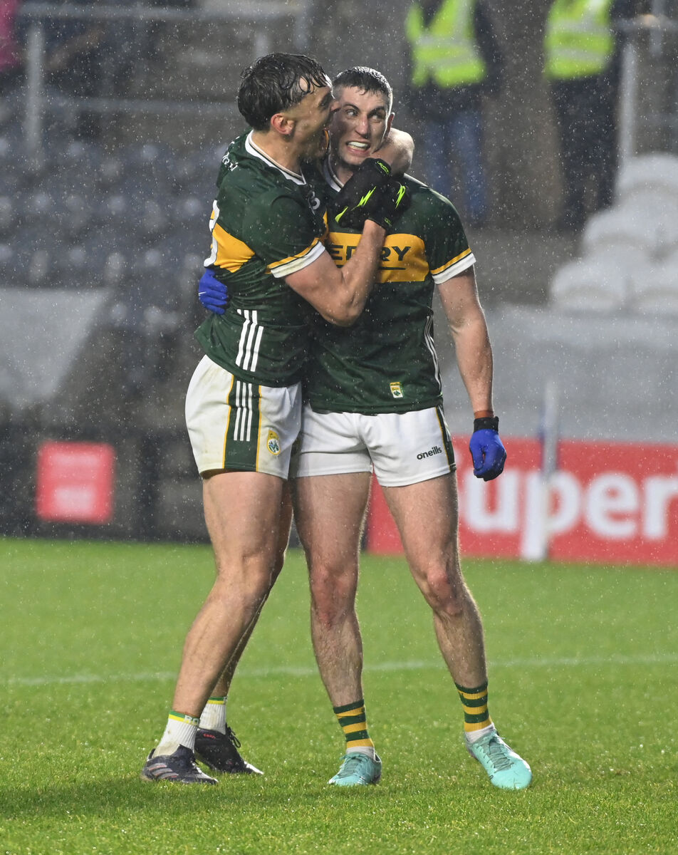 Kerry's David Clifford congratulates Paul Geaney on his goal against Cork last month. Picture: Eddie O'Hare