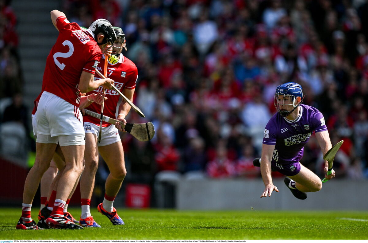 Ger Millerick stops Stephen Bennett's 20m free during last Sunday's game. Picture: Brendan Moran/Sportsfile