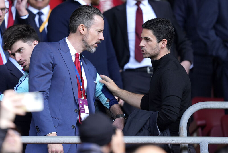 Arsenal manager Mikel Arteta (right) speaks with Arsenal chairman Josh Kroenke before the Premier League match at St Mary's Stadium, Southampton. Picture: Andrew Matthews/PA Wire.