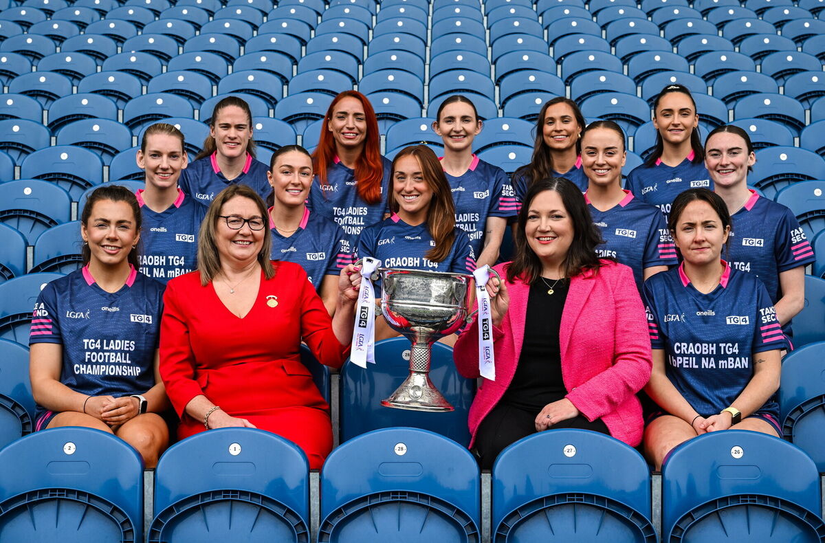 At the launch of the TG4 All-Ireland Ladies Football Championships were Trina Murray, LGFA President, and Deirdre Ní Choistín, Director General TG4, centre, with senior players, Clodagh McCambridge of Armagh, Sarah Leahy of Cork, Róisín Rodgers of Donegal, Niamh Donlon of Dublin, Kate Geraghty of Galway, Cáit Lynch of Kerry, Laoise Lenehan of Kildare, Charlene Tyrrell of Leitrim, Nicola O’Malley of Mayo, Aoibhín Cleary of Meath, Lauren Fitzpatrick of Tipperary and Emma Murray of Waterford. Picture: David Fitzgerald/Sportsfile At the launch of the TG4 All-Ireland Ladies Football Championships were Trina Murray, LGFA President, and Deirdre Ní Choistín, Director General TG4, centre, with senior players, Clodagh McCambridge of Armagh, Sarah Leahy of Cork, Róisín Rodgers of Donegal, Niamh Donlon of Dublin, Kate Geraghty of Galway, Cáit Lynch of Kerry, Laoise Lenehan of Kildare, Charlene Tyrrell of Leitrim, Nicola O’Malley of Mayo, Aoibhín Cleary of Meath, Lauren Fitzpatrick of Tipperary and Emma Murray of Waterford. Picture: David Fitzgerald/Sportsfile