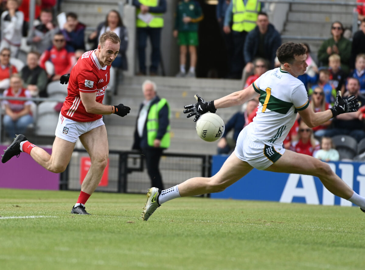 Cork's Matty Taylor has his shot saved by Kerry's Shane Ryan. Picture: Eddie O'Hare