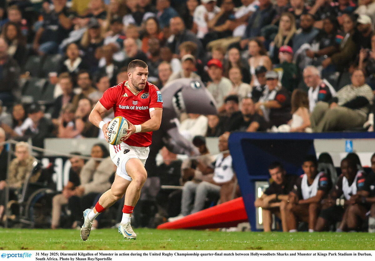 Diarmuid Kilgallen of Munster in action during the United Rugby Championship quarter-final match between Hollywoodbets Sharks and Munster at Kings Park Stadium in Durban, South Africa. Photo by Shaun Roy/Sportsfile Diarmuid Kilgallen of Munster in action during the United Rugby Championship quarter-final match between Hollywoodbets Sharks and Munster at Kings Park Stadium in Durban, South Africa. Photo by Shaun Roy/Sportsfile