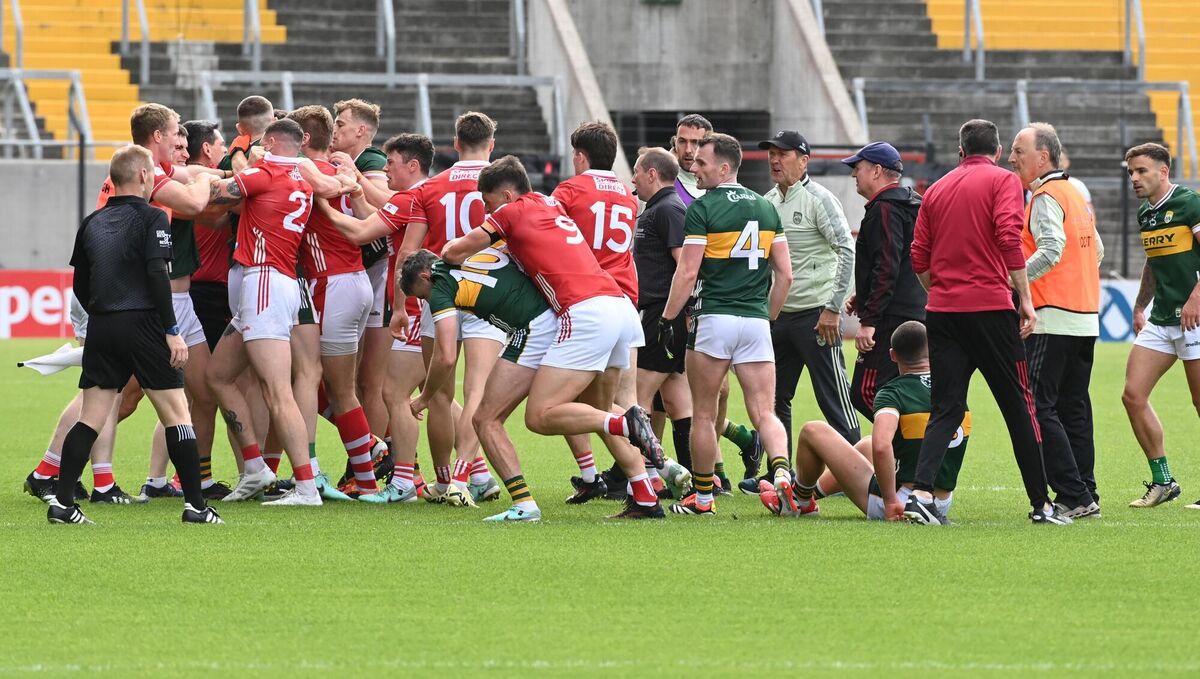 Cork manager John Cleary and Kerry manager Jack O'Connor amongst the half time skirmish during the All-Ireland SFC, group 2, round 2 at SuperValu Páirc Uí Chaoimh. Picture: Eddie O'Hare