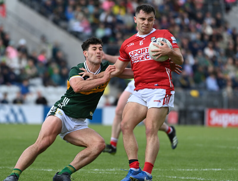 Cork's Seán Powter turns inside Kerry's Mike Breen. Picture: Eddie O'Hare