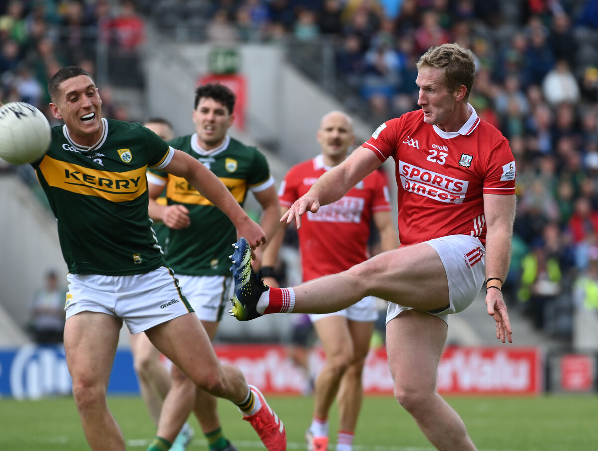 Cork's Ruairí Deane shoots from Kerry's Joe O'Connor. Picture: Eddie O'Hare