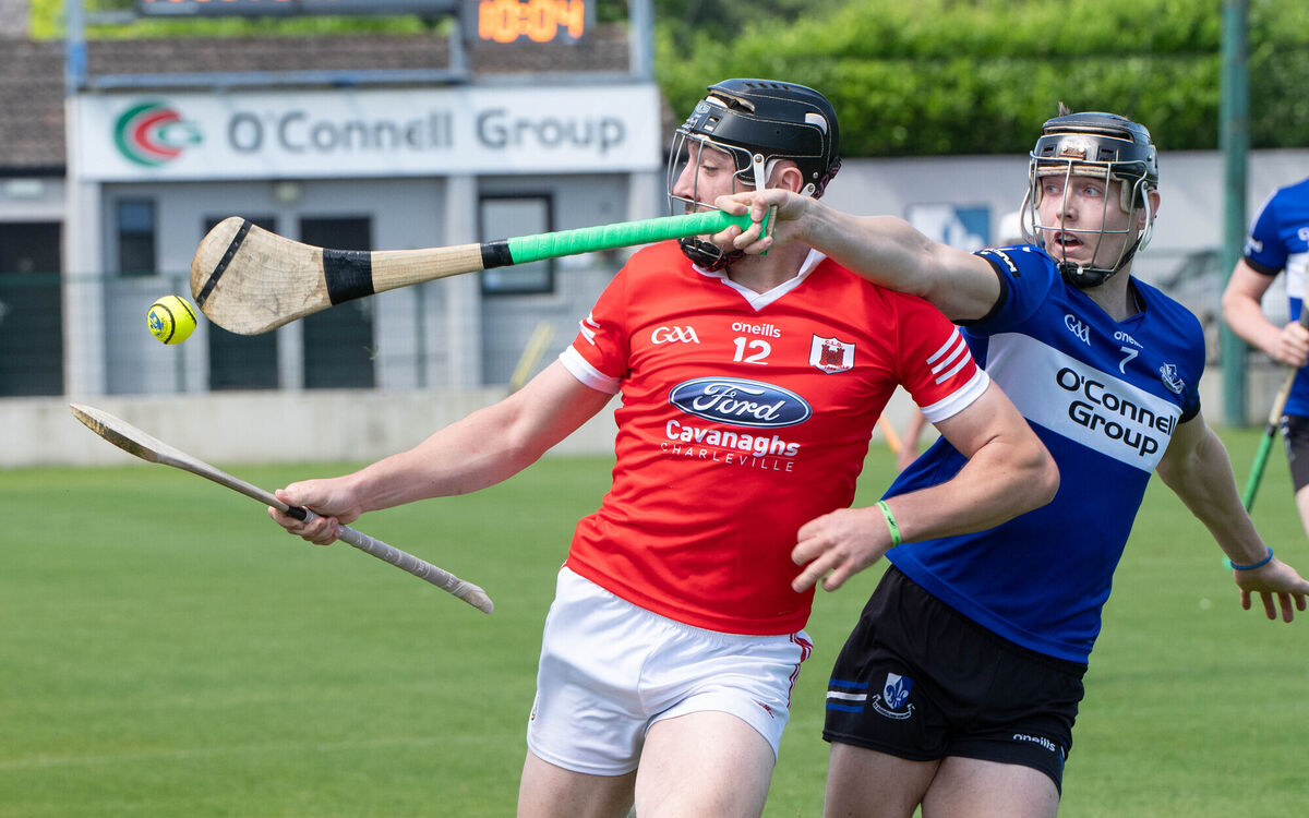 Sarsfields' Jack Leahy knocks the sliotar off Charleville's Darren Casey's hurley. Picture: Howard Crowdy