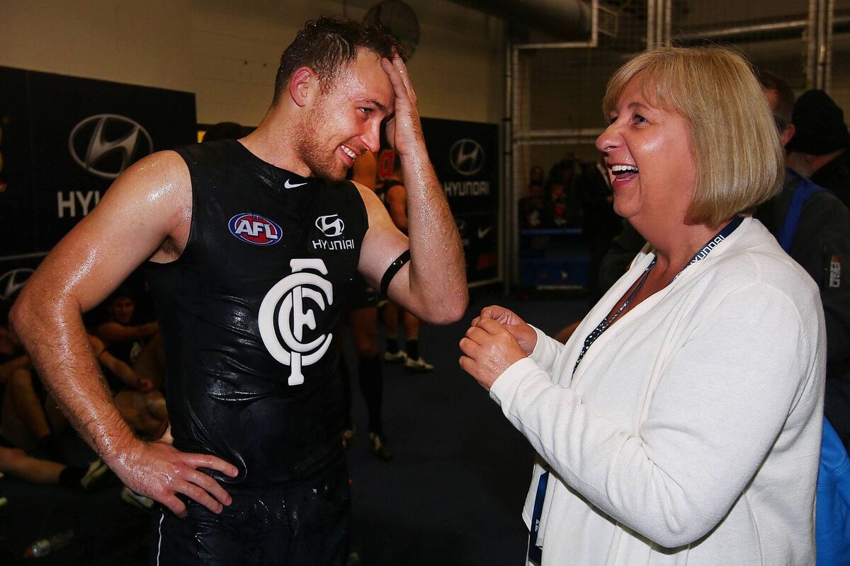 Ciarán Sheehan of Carlton celebrates his debut game with his mum Liz in 2014. Picture: Michael Dodge/Getty Images Ciarán Sheehan of Carlton celebrates his debut game with his mum Liz in 2014. Picture: Michael Dodge/Getty Images