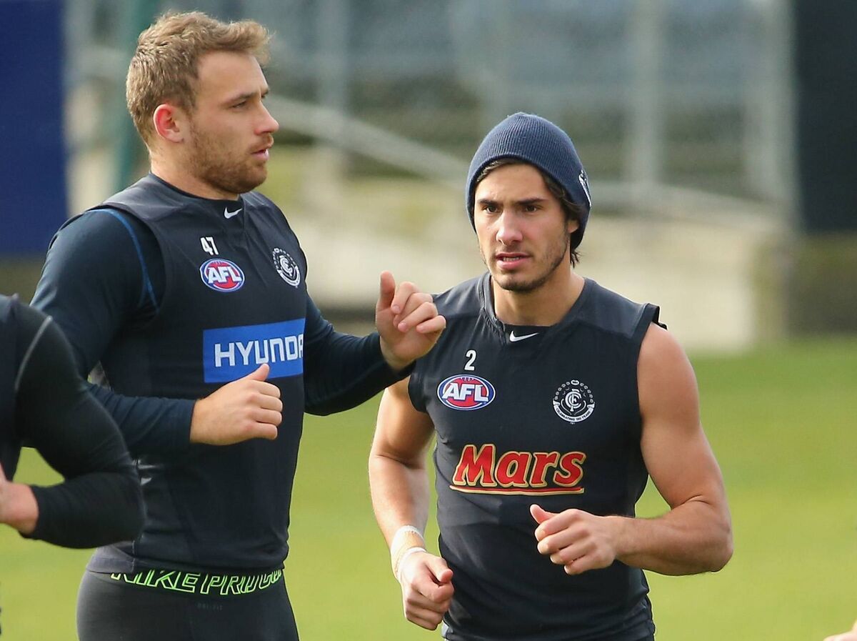 Ciarán Sheehan, on the left, during a Carlton AFL training session. Picture: Scott Barbour/Getty Images Ciarán Sheehan, on the left, during a Carlton AFL training session. Picture: Scott Barbour/Getty Images
