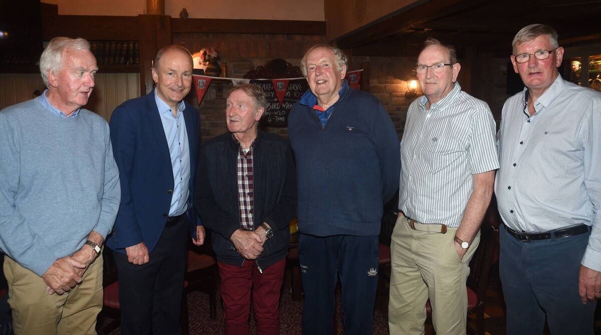 Taoiseach Micheál Martin at the Cork three-in-a-row reunion with, from left, Brendan Cummins, Gerald McCarthy, Dr Con Murphy, Tim Crowley and Eamonn O'Donoghue. Picture: George Hatchell