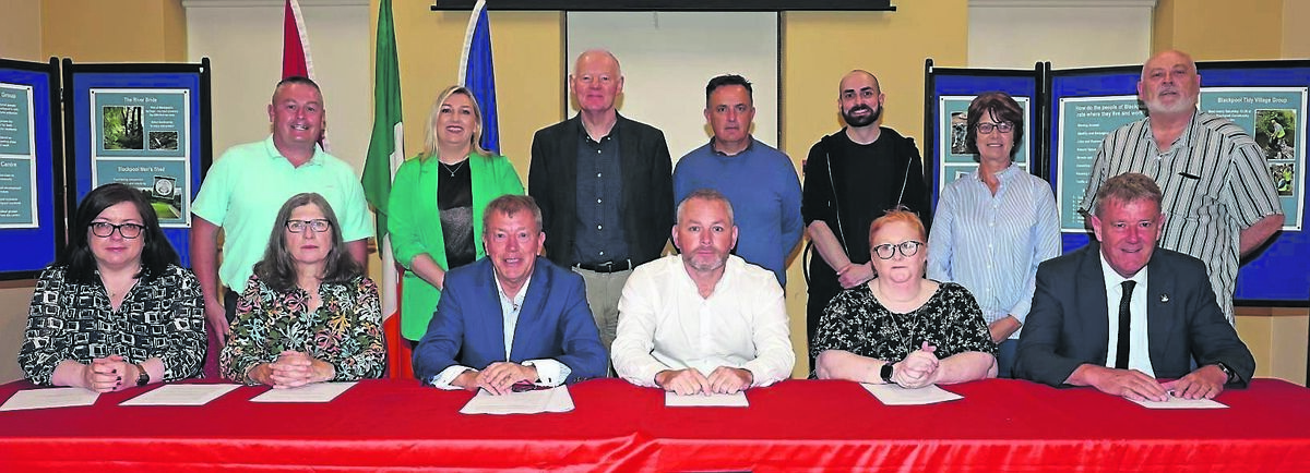 Alison O’Rourke, director of services, Cork City Council; Louise Jordan, chairperson, board of management, Blackpool Community Centre; Cllr Tony Fitzgerald, chairperson, North West LAC; Cllr John Maher, chairperson, North East LAC; Grainne O’Donnell, chairperson, Blackpool Regeneration Group, and Paul Moynihan, director of services, Cork City Council; (and back) Cllr Kenneth Collins, Cllr Michelle Gould, Cllr John Sheehan, Cllr Damian Boylan, Cllr Brian McCarthy, Cllr Margaret McDonnell, and Denis Fitzpatrick, vice-chairperson, Blackpool Regeneration Group, at a joint meeting of North East and North West LAC groups with Cork City Council, at Blackpool Community Centre, Blackpool, Cork.	Picture: Jim Coughlan
                    