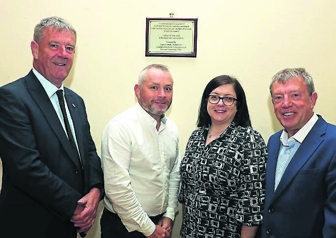 Paul Moynihan, Cllr John Maher, Alison O’Rourke, and Cllr Tony Fitzgerald, at the plaque in Blackpool Community Centre to commemorate the occasion.