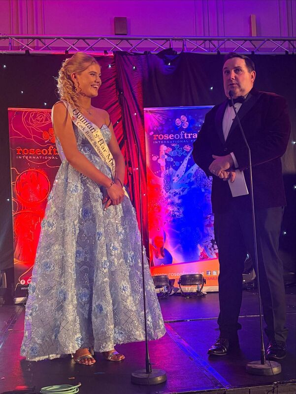 Nancy Lehane on stage at the Cork Rose selection evening on Sunday with Ollie Turner, and left, after being crowned the Cork Rose.	 Picture: Cork Rose of Tralee Facebook
                    