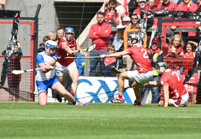 Ger Millerick and Sean Donoghue combine to stop Waterford's Stephen Bennett at SuperValu Páirc Uí Chaoimh. Picture: Eddie O'Hare