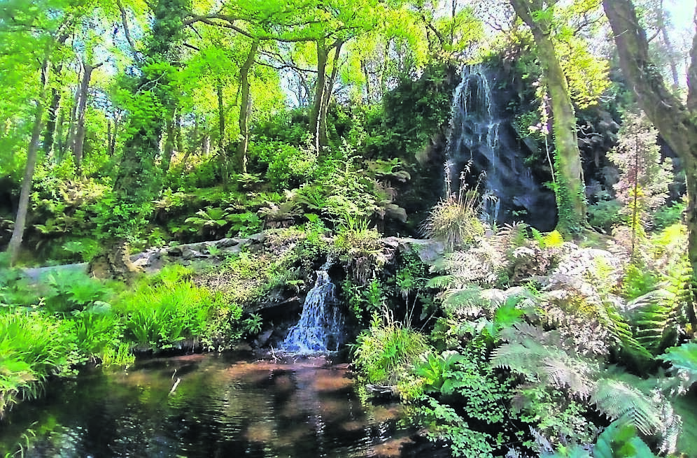 Two of the many scenic waterfalls in the garden Two of the many scenic waterfalls in the garden