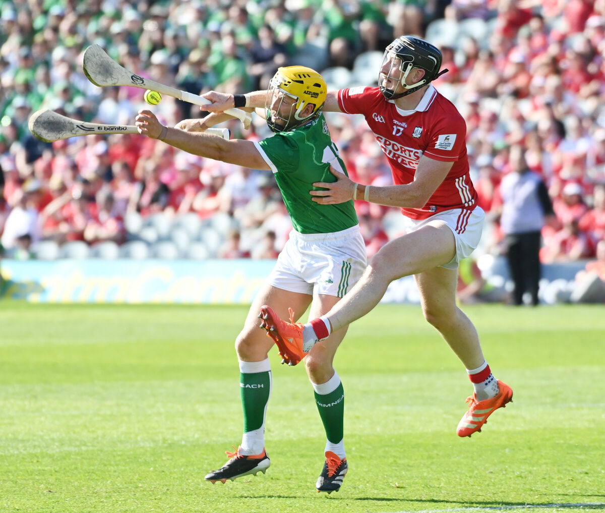Damien Cahalane tackles Limerick's Séamus Flanagan - the St Finbarr's man is selected in the full-back line. Picture: Eddie O'Hare