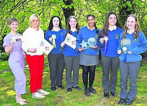 Science teachers, Ms Miniussi and Ms Lehane, with Ellen O’Donoghue, Ethel D’Alton Bateman, Anabella Joseph, Julia Llovel Sanchez and Taylor Armstrong, who enjoyed success in the Young Scientist and SciFest competitions, 2025.