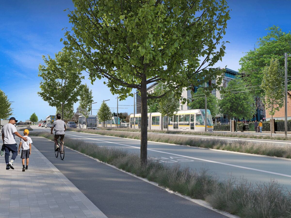 A visualisation of Cork Luas trams on Bishopstown Rd, part of the emerging preferred route issued for public consultation in April 2025. Image: LuasCork.ie
