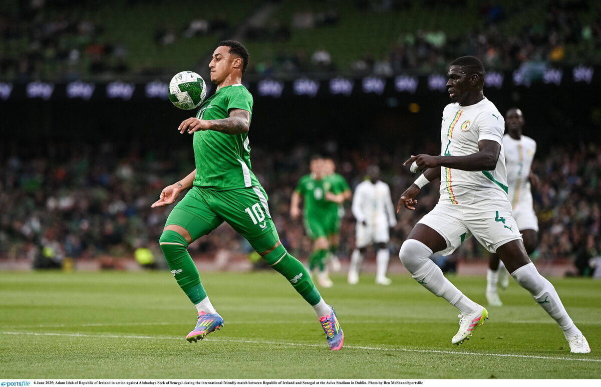 Adam Idah of Republic of Ireland in action against Abdoulaye Seck of Senegal. Picture: Ben McShane/Sportsfile