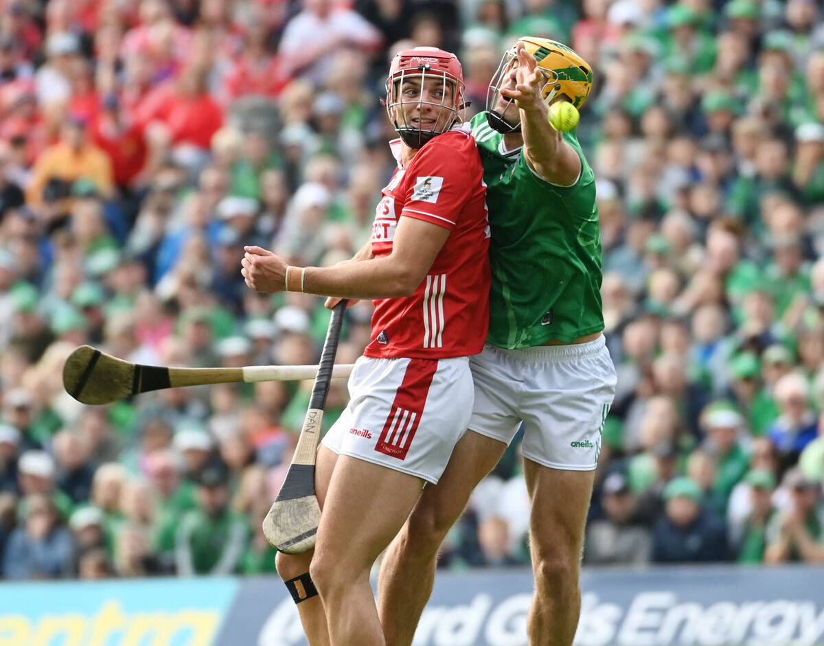 Cork's Brian Hayes and Limerick's Dan Morrisssey battle for possession. Picture: Eddie O'Hare Cork's Brian Hayes and Limerick's Dan Morrisssey battle for possession. Picture: Eddie O'Hare