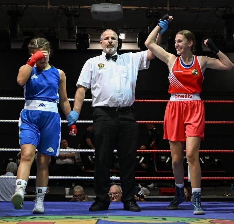 Cork Boxing: Claire Crowley (St Martha's) has her hand raised in victory over Ruby Cullen (Drimnagh) to become Irish Cadet Champion at 63 kilos for 2025. 