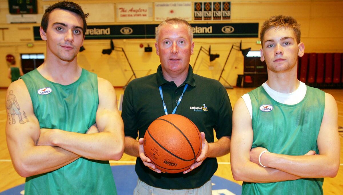 Niall Murphy, Blue Demons, Garry Walsh, Neptune, and the late Martin Aherne, Neptune, Assistant Coach, with the Irish U20 Basketball team, at Neptune Stadium in 2006