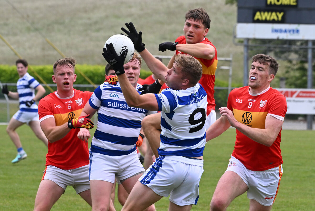 Castlehaven's David Whelton wins this high ball against Éire Óg. Picture: Dan Linehan
