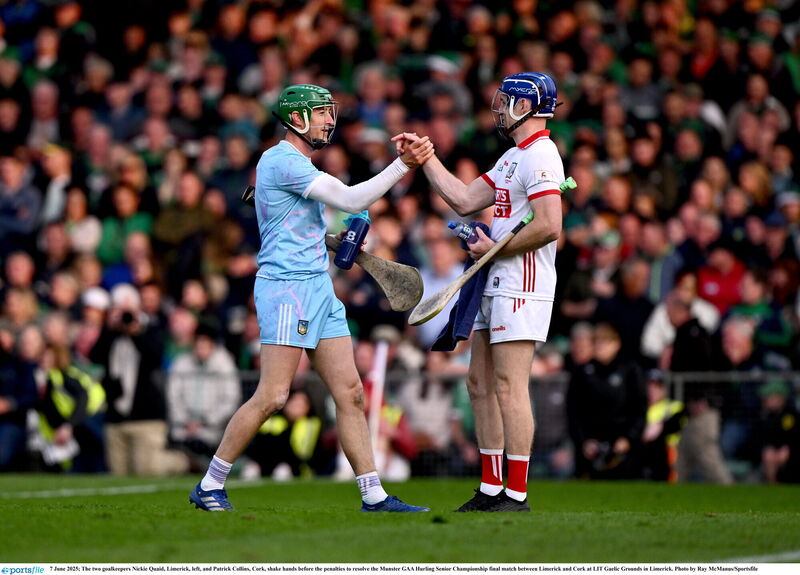 Patrick Collins with his opposite number, Limerick goalkeeper Nickie Quaid, prior to the start of the penalty shootout. Picture: Ray McManus/Sportsfile
