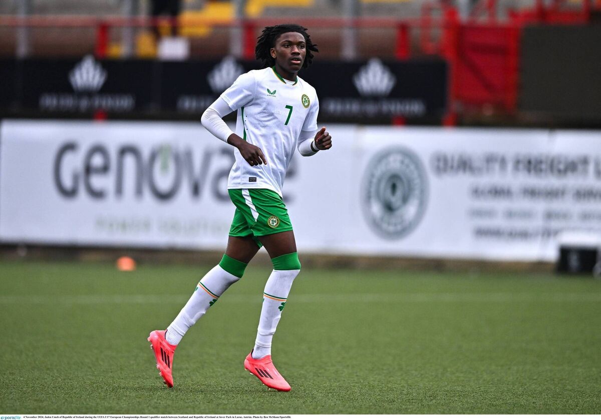 Jaden Umeh of Republic of Ireland during the UEFA U17 European Championships Round 1 qualifier match between Scotland and Republic of Ireland at Inver Park in Larne, Antrim. Photo by Ben McShane/Sportsfile