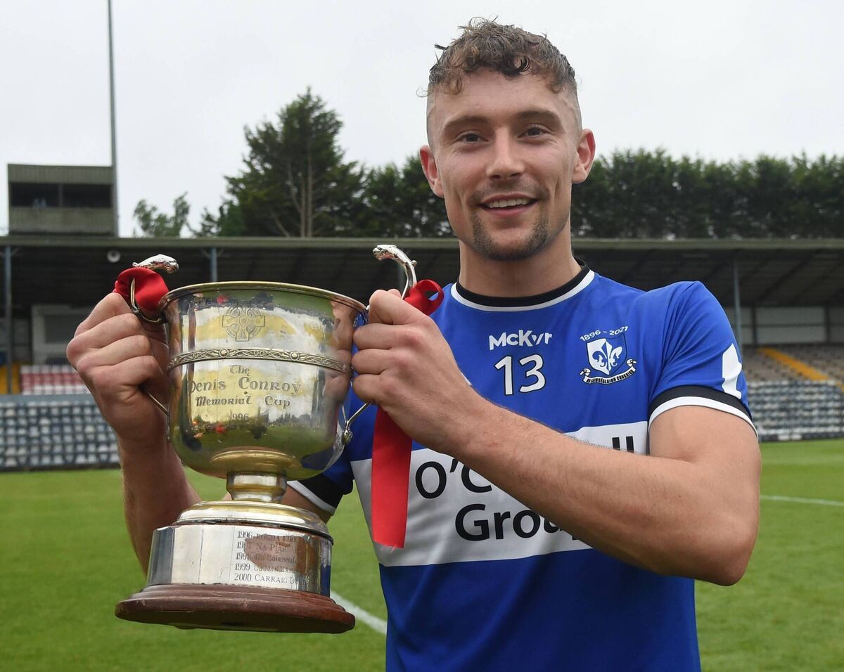 Sarsfields captain Aaron Myers with the Denis Conroy Cup. Picture: George Hatchell