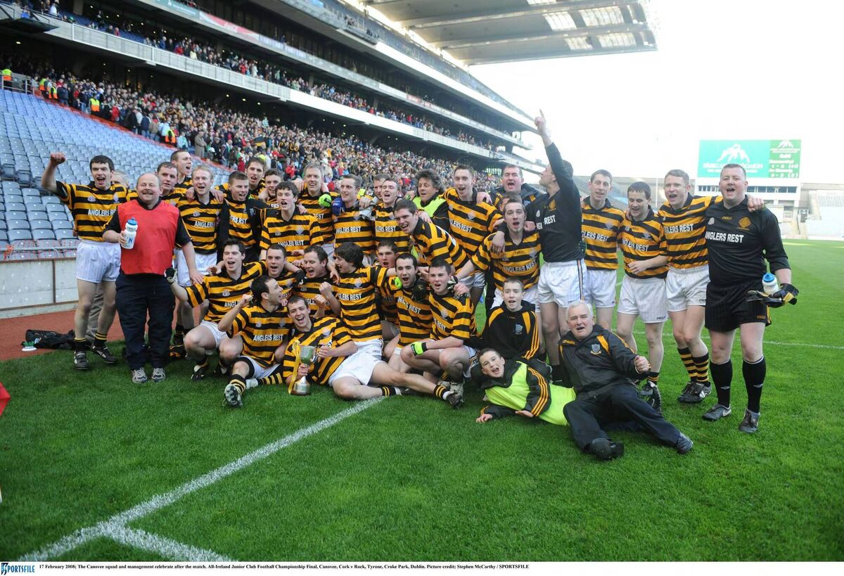 The Canovee squad and management celebrate after winning the All-Ireland JFC at Croke Park in 2008. Picture: Stephen McCarthy/Sportsfile