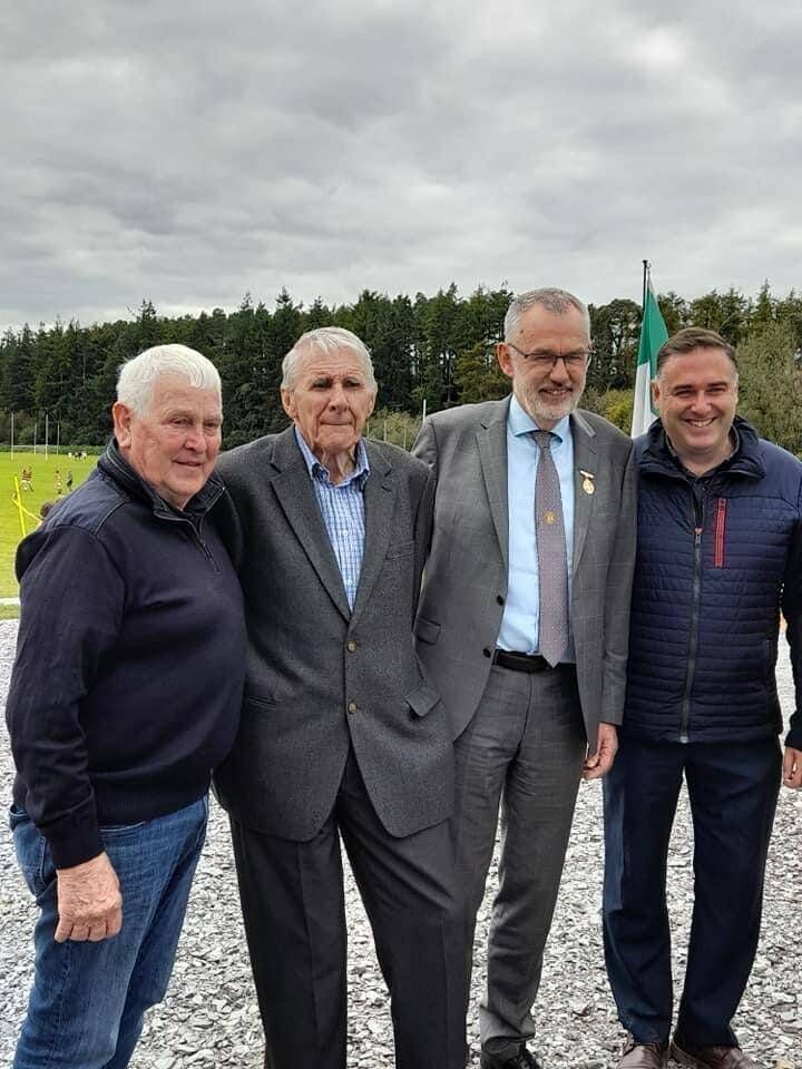 John Dunlea (RIP), John O'Sullivan (RIP), former GAA president Larry McCarthy and Gerard O'Sullivan, current Cork GAA PRO, at Canovee GAA in 2022.